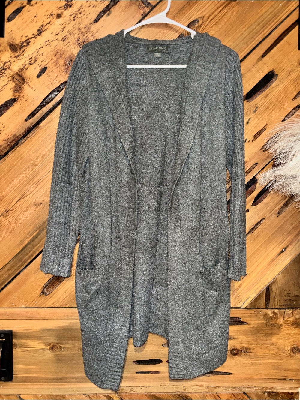 Barefoot Dreams Green Gray Hooded Open Cardigan